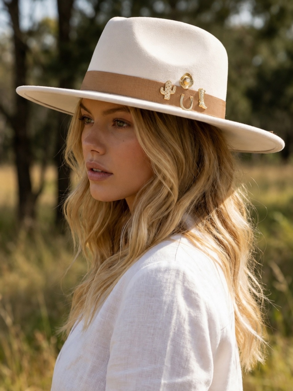 Wide-Brim Cream Fedora with Ribbon;Pins and Suede Tie- O/S (fits most)